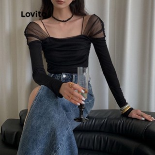 Lovito Camiseta com Patchwork de Mangas Compridas para Mulheres LNA09295 (Preto)