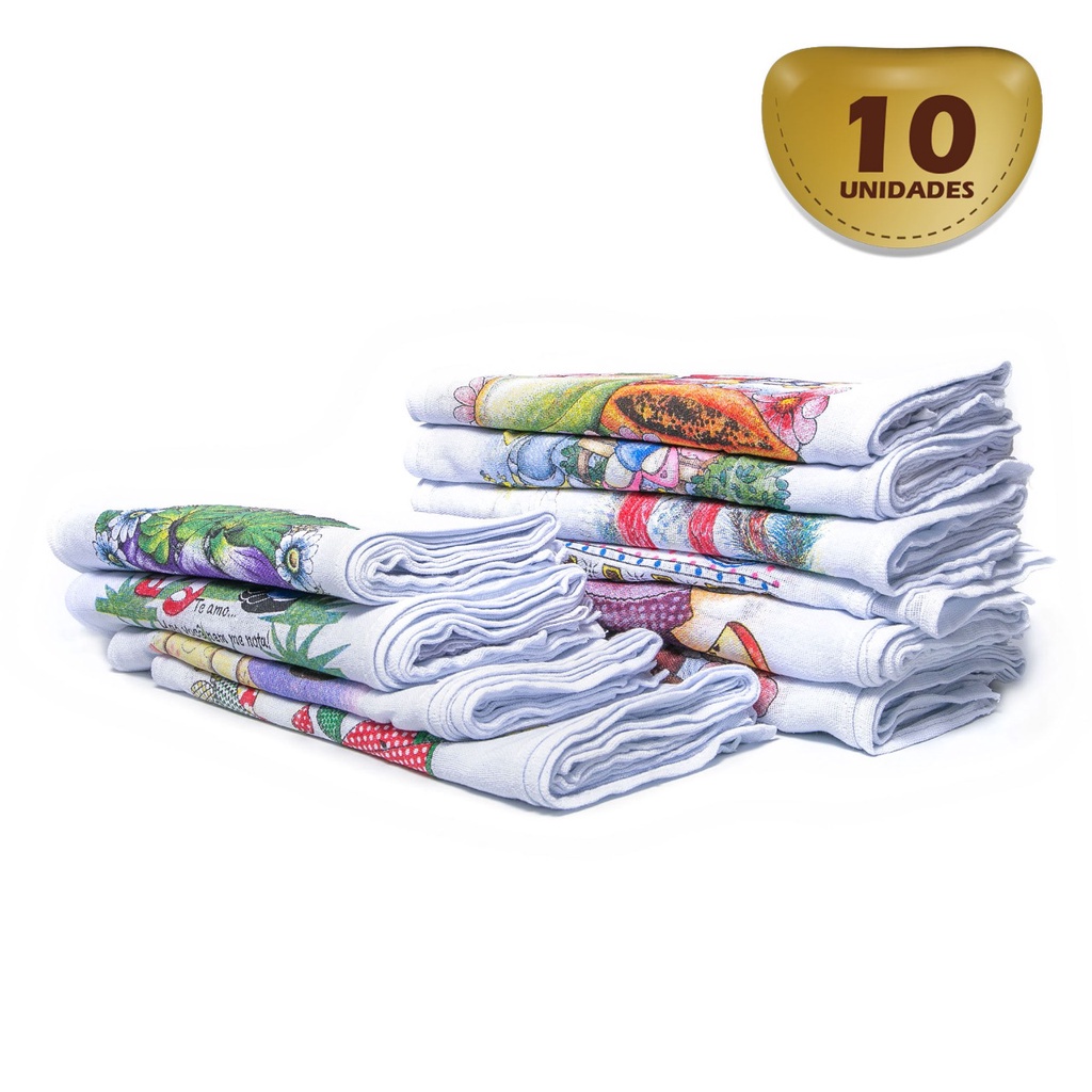 Pano De Prato Estampado Bainha Decorado Kit Com 10 Peças Modernas