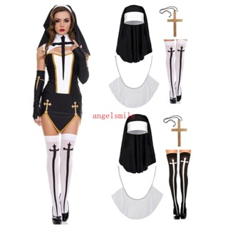 ✿ Traje De Freira Com Colar Cross Pendant Festa De Halloween Cosplay
