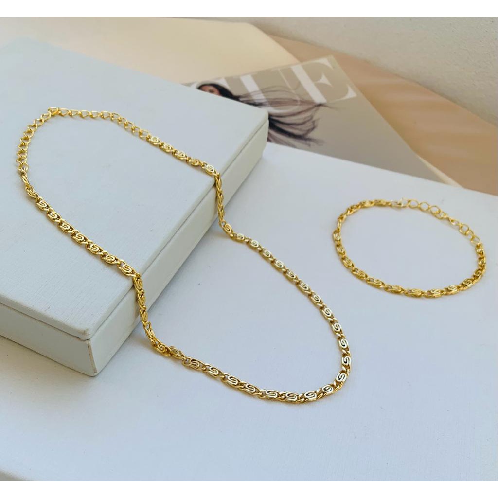 Conjunto Colar e Pulseira a Ouro Semi Joia Verniz Italiano