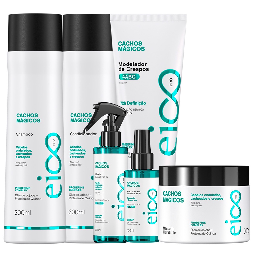 Eico Pro Cachos Mágicos Shampoo Condicionador Máscara Leave-in Spray Fluído Óleo Nutritivo — 6 Itens