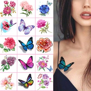 10pcs Tatuagem Temporária De Flor Pequena Feminina 3D Color Rose Lotus Butterfly Flower Tattoo For Women