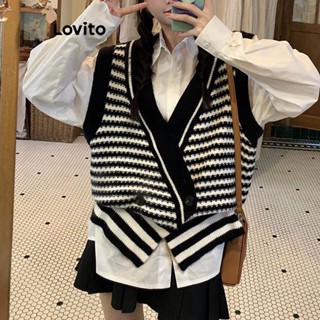 Lovito Casual Blusa Feminina Listrada de Tricô com Botão Duplo LNA26017 (Café/Verde/Preto)