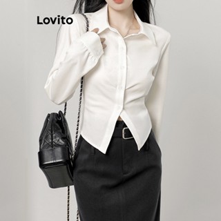 Lovito Casual Lisa Blusa Feminina Franzida de Manga Longa L64AD010 (Branca)