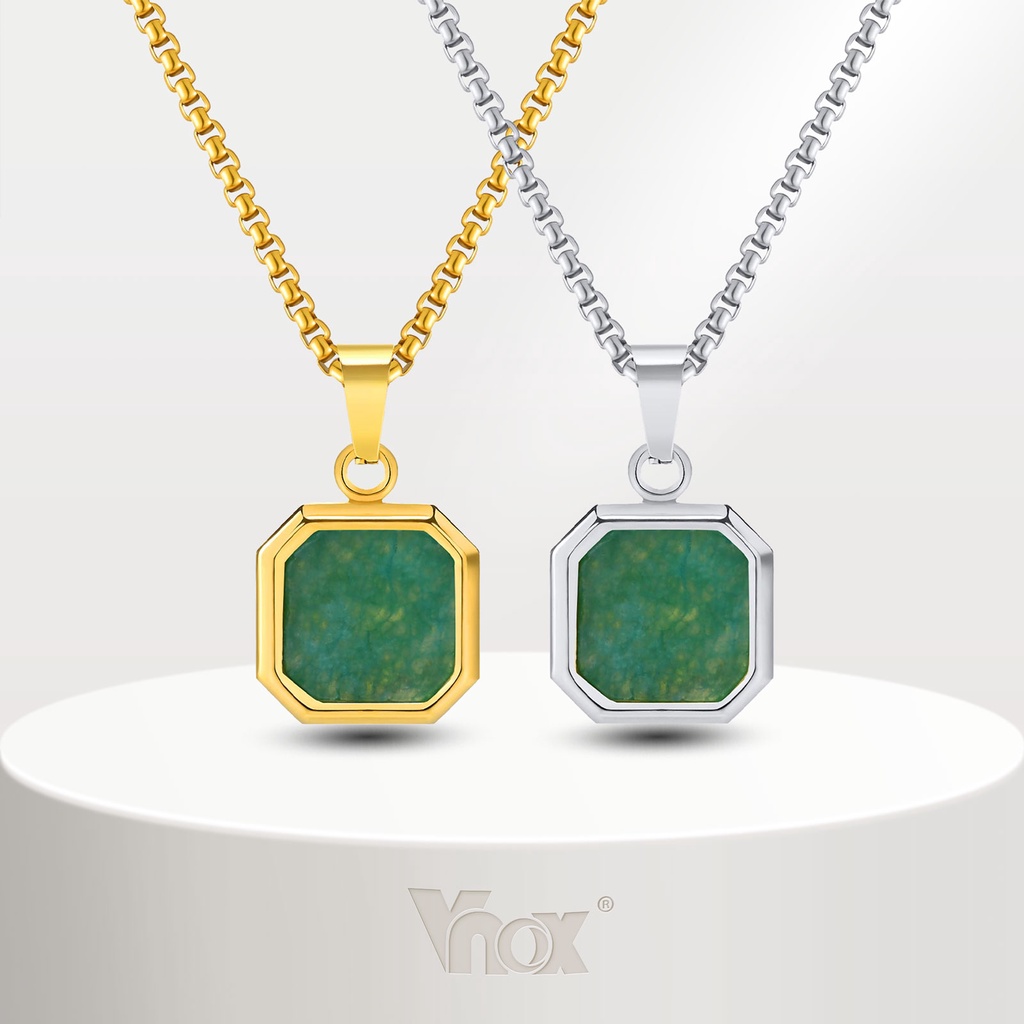 Colar Unisexo De Pedra Natural Verde Vnox Pingente Quadrado Para Mulheres Homens , Ouro 18K Aço Inoxidável Chian