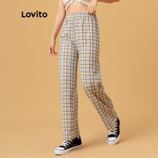 Lovito Calças Casuais Reta Manta Cintura Elástica L00270 (Luz Verde/Verde/Amarelo/Azul/Cor de Café)