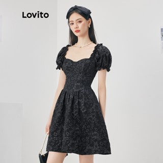 Lovito Casual Vestido Feminino Liso Pequeno Preto Anos 2000 L52AD089 (Preto)