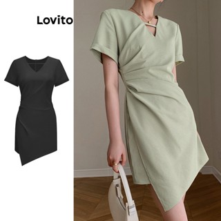 Lovito Casual Vestido Feminino Liso Plissado Assimétrico L68ED140 (Verde/Preto)