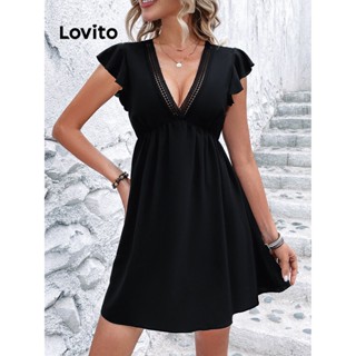 Lovito Vestido Elegante Com Babado Liso E Recortado Para Mulheres LNL35008 (Preto)