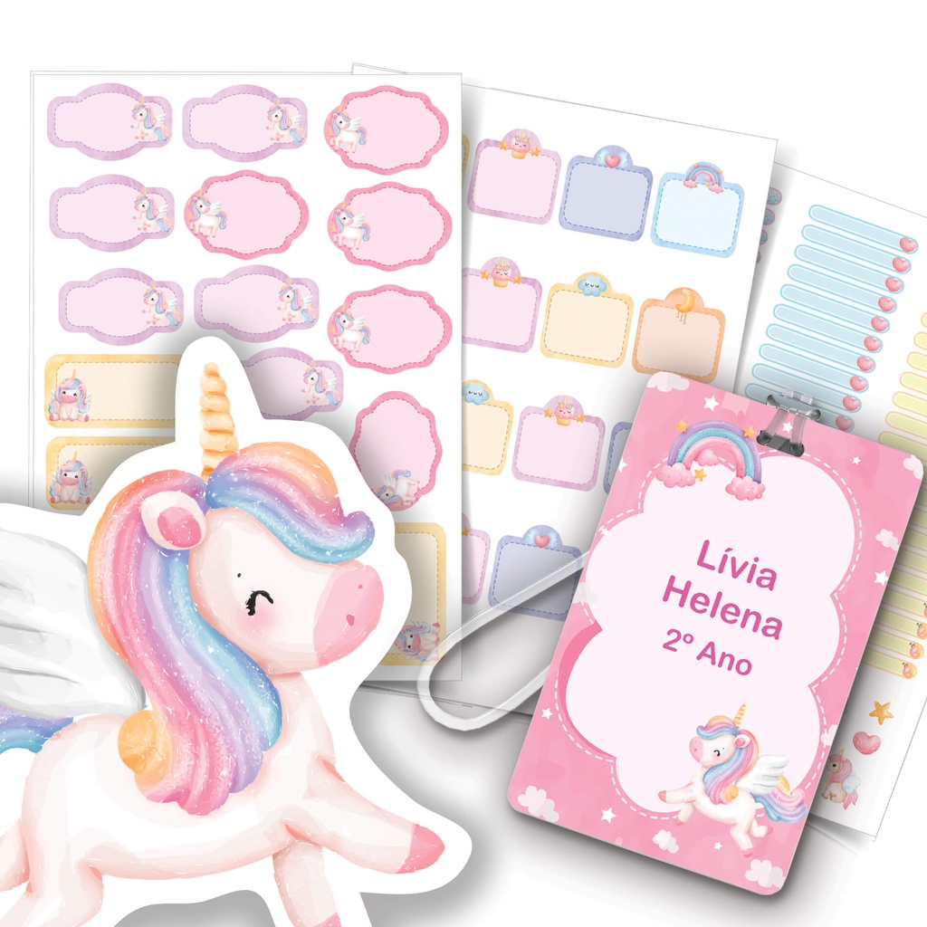 Etiqueta Escolar Unicórnio Cute Personalizada Identificação Tags Mochila Material Escolar Infantil
