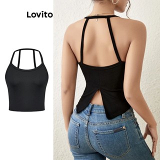 Lovito Casual Regata Crop com Amarração e Babado na Barra para Mulheres L74ED103