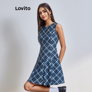 Lovito Casual Vestido Feminino Xadrez Plissado Estampado L64AD045 (Azul)