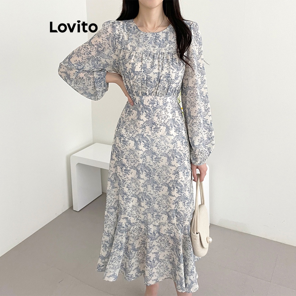 Lovito Casual Vestido Feminino Floral com Babados LNE24100 (Multicor)
