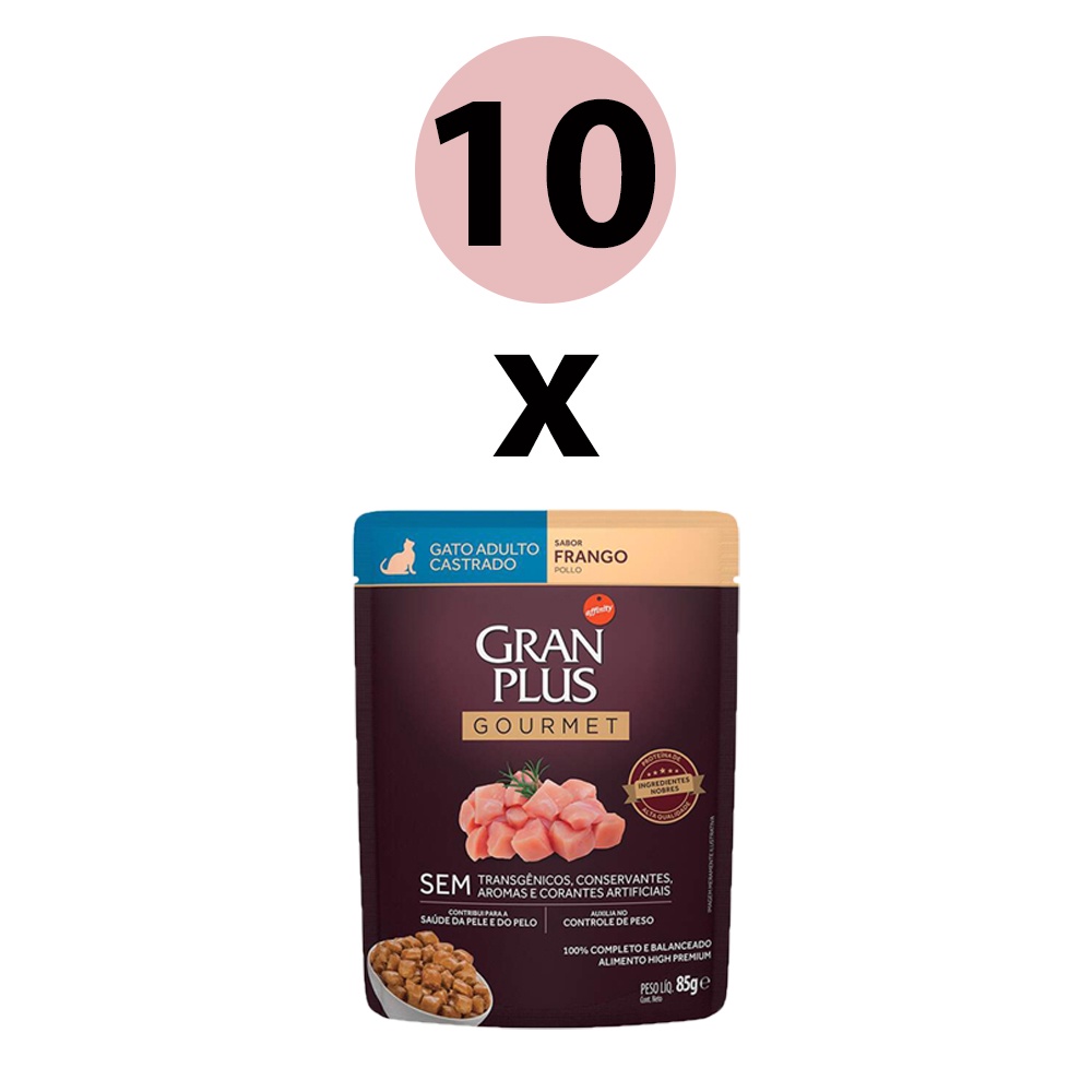 KIT 10 Ração Úmida Gran Plus Gourmet Gatos Adultos Castrado Frango Sachê 85g em Oferta na Shopee