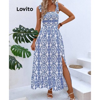 Lovito Vestido Boho Geométrico Smocked Com Renda Para Mulheres LBL07090