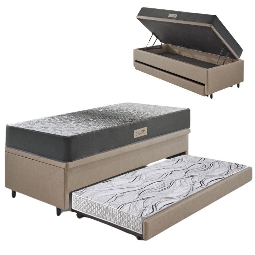 Bicama Box Baú Solteiro 88x188 Bege com Colchão Dual Ecoflex