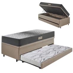 Bicama Box Baú Solteiro 88x188 Bege com Colchão Dual Ecoflex