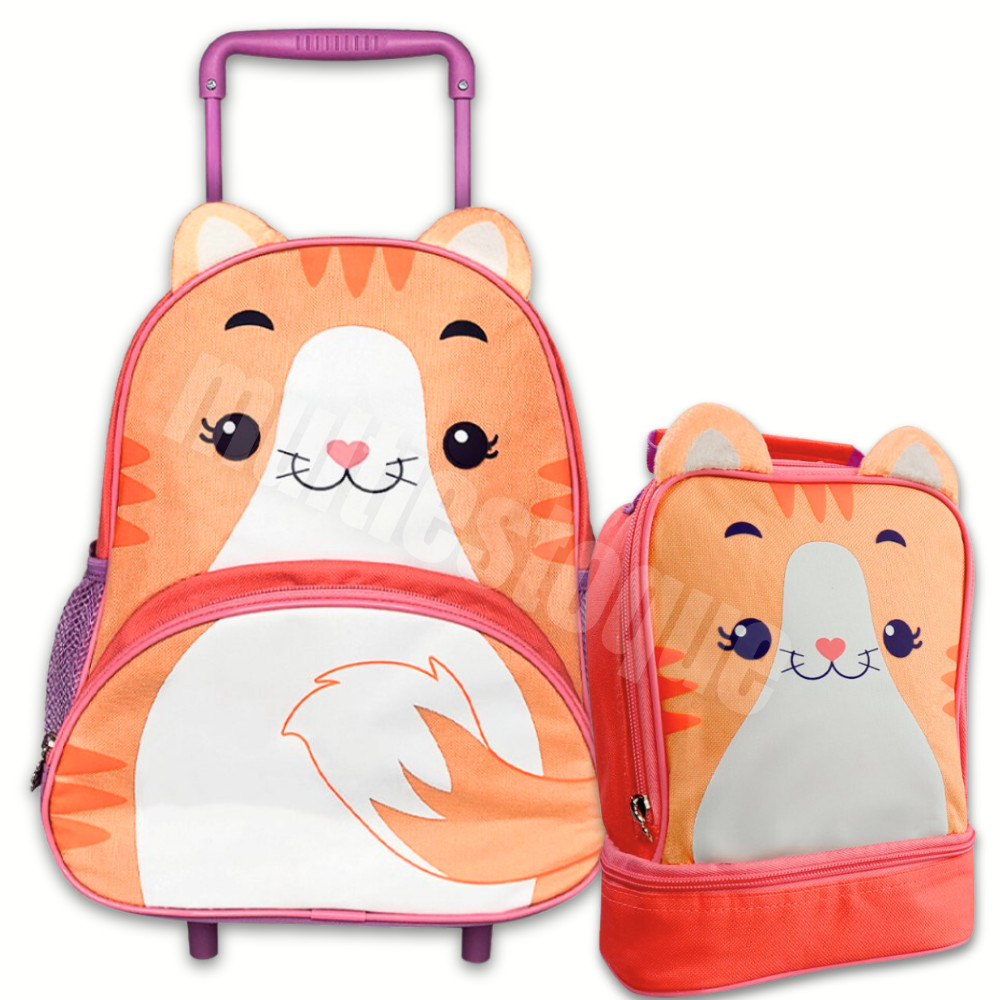 Kit Mochila Escolar de Rodinha com Lancheira Térmica de Gatinho para Menina