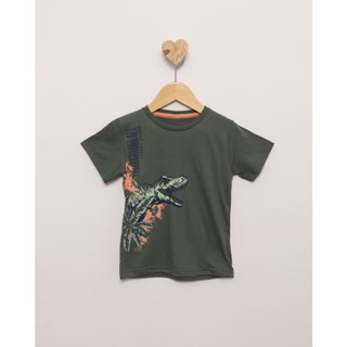 Camiseta Bebê Manga Curta Estampa Dinossauro Rex Verde