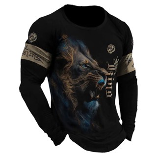 Camiseta Homem Manga Comprida 3d Impresso Leão Vintage Streetwear Padrão 2023
