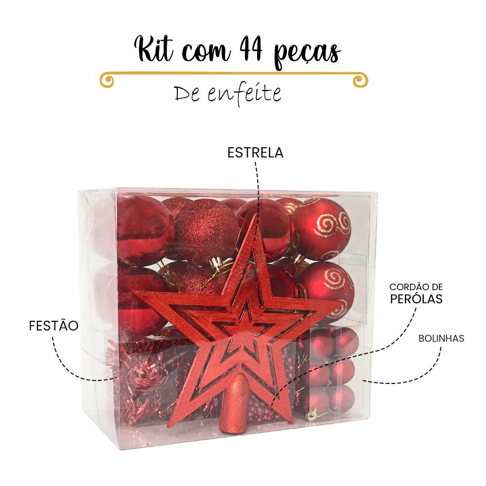 Kit com 44 Peças de Enfeite Natalino, para arvore de Natal - decoraçao com Estrela, Bolinhas, Festão e Cordão de Pérolas - Vermelho