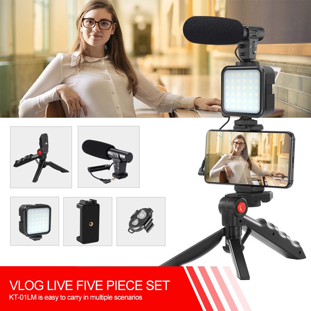 Conjunto 5Pcs Kit De Vídeo Vlog Smartphone Com Microfone De Tripé Led Light Phone Holder Remote Para Filmagem De Vlogging Live