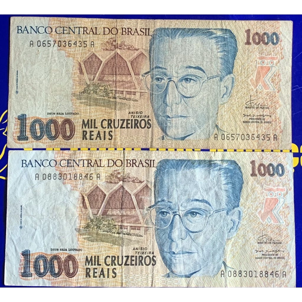 2 Cédulas Mil Cruzeiros Banco Central do Brasil  Antigas Coleção Linda Cédulas