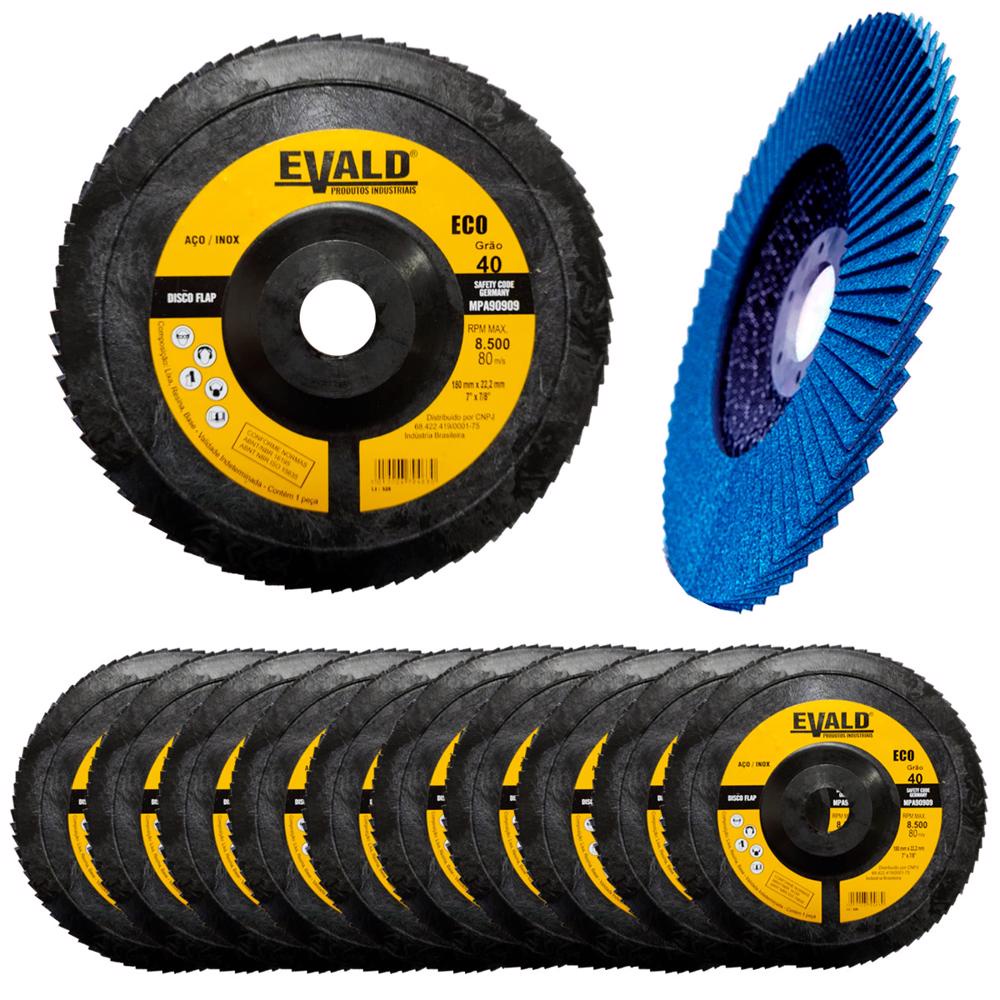 Disco de Lixa Flap Zirconio 7 POL 180 mm Aço Inox Grão 40 Kit 10 Unidades EVALD em Oferta na Shopee