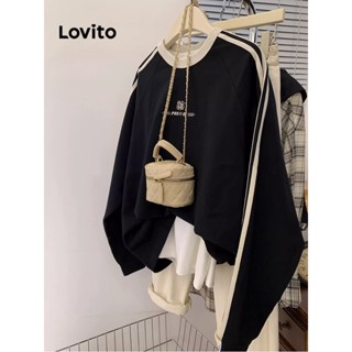 Lovito Casual Moletom Feminino Liso com Costura Contrastante LNA29009 (Preto)