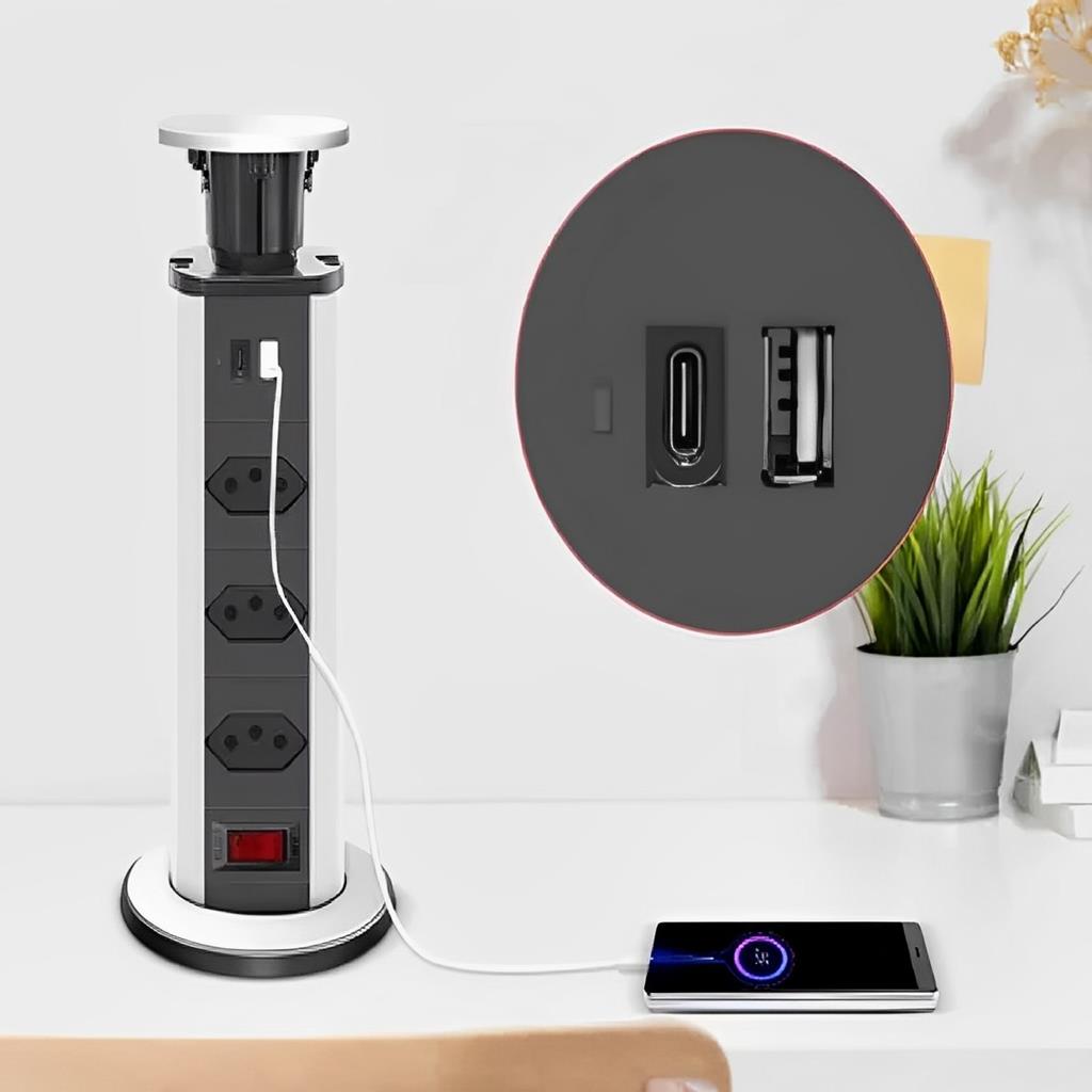 Torre De Tomada Multiplug Embutir 3 Tomadas Bancada Retratil Mesa Usb Tipo-c 8691