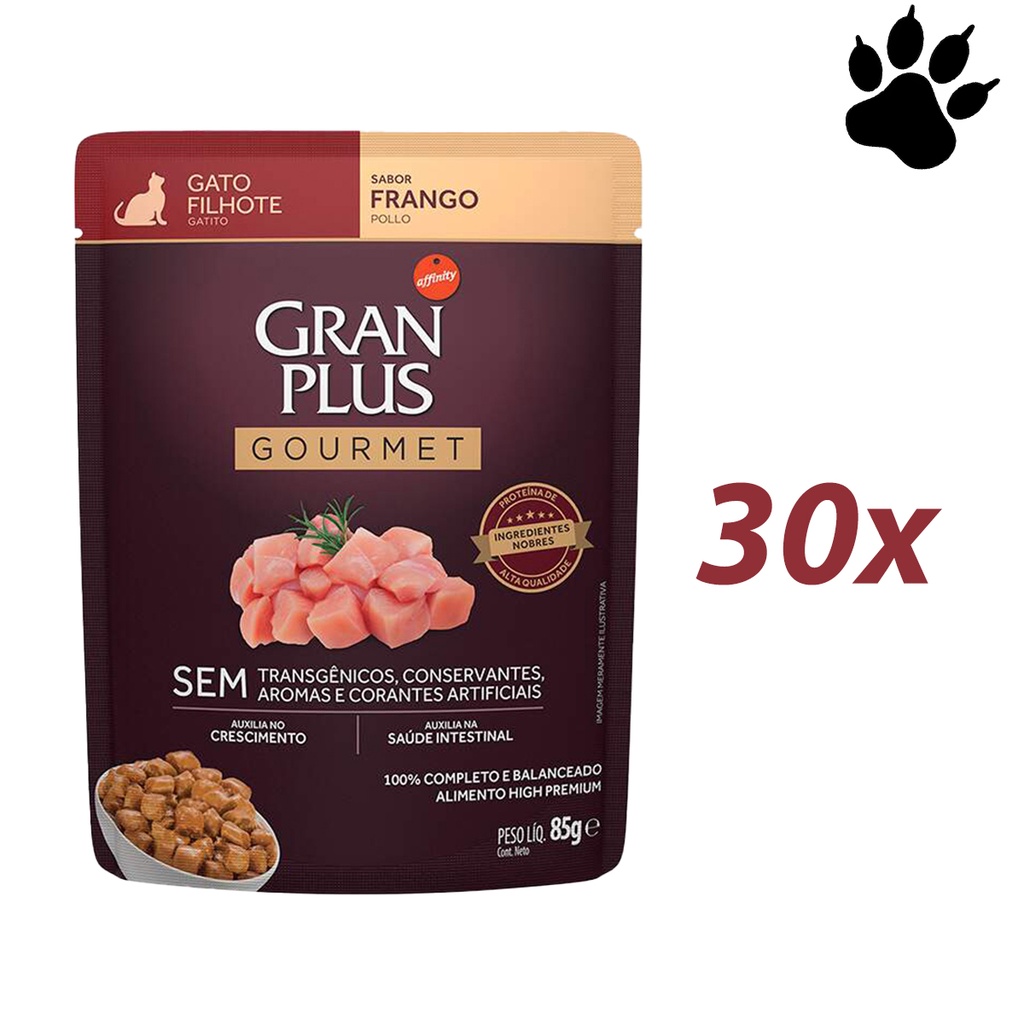 KIT 30 Ração Úmida Gran Plus Gourmet Gatos Filhotes Frango Sachê 85g em Oferta na Shopee