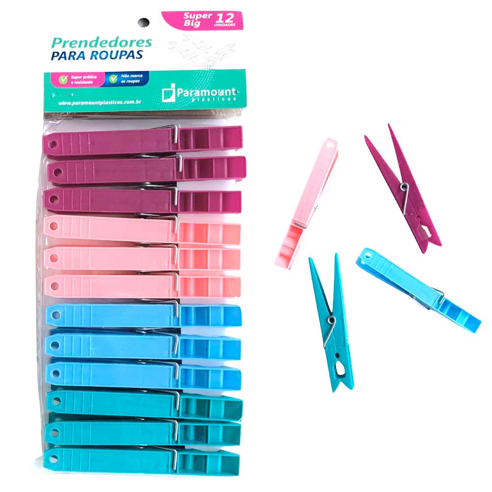 Kit 12 Pregadores de roupa prendedor grande varal organização lavanderia grampo plástico colorido para prender embalagem alimentos cozinha Paramount