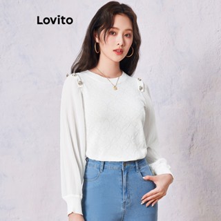 Lovito Casual Blusa Feminina Lisa com Renda LNE29378 (Branco)
