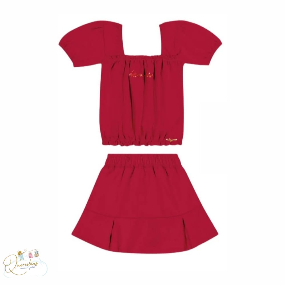 CONJUNTO MENINA BLUSA MANGA  ICONIC PAETES E SHORT SAIA SARJA - ANGERO - VERMELHO