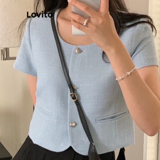 Lovito Casual Blusa Feminina Lisa Rodada com Bolso Falso LNE24184 (Azul/Preto)