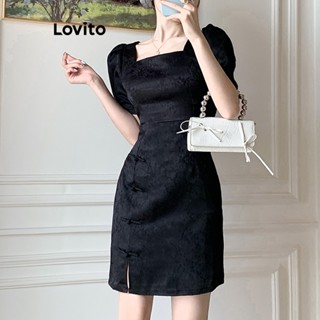 Lovito Elegante Vestido Feminino Liso com Zíper Botão e Fenda Frontal LNA30108 (Preto)
