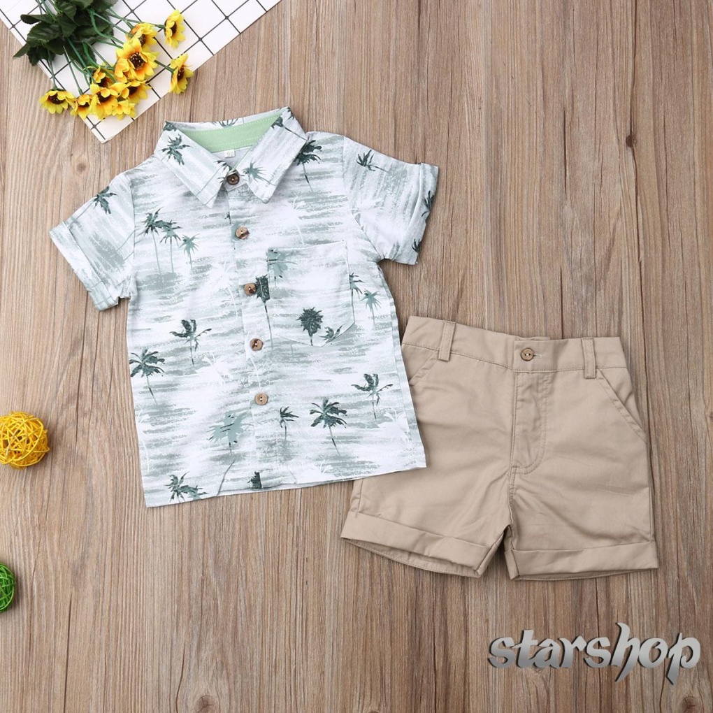 Starsbr-Baby Boy's Summer Outfit Sets Short Sleeve Coconut Tree Botão Para Baixo Camiseta + De Bolso Khaki