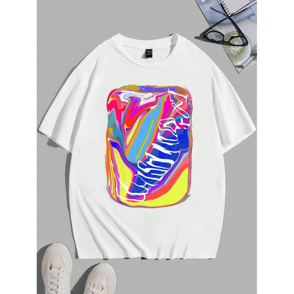 Camiseta Oversized Branca Unissex Estilo Skatista Estampada Abstrato Colorido Blusa Streetwear