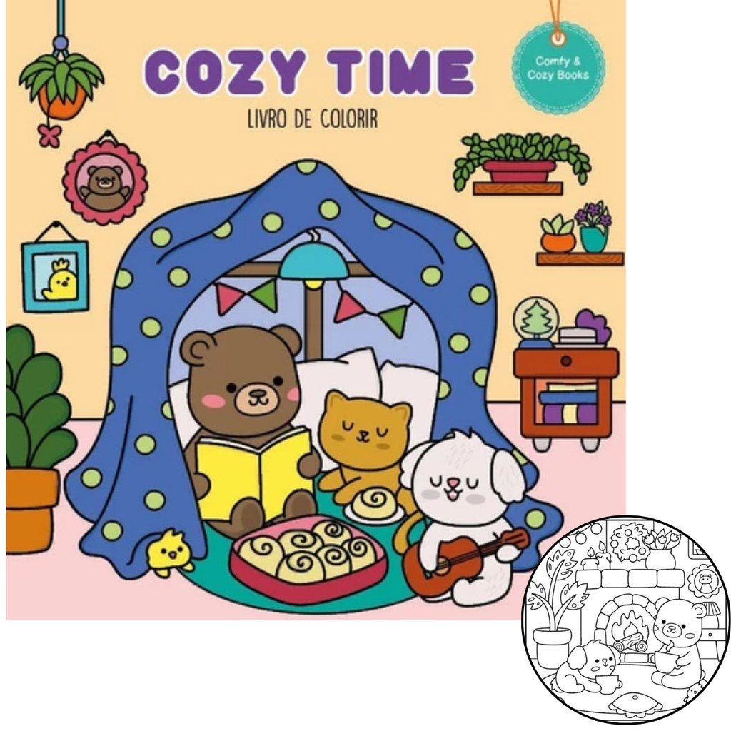 Livro de Colorir Cozy Time 24cmx24cm Marcadores e Lápis de Cor Alta Gramatura