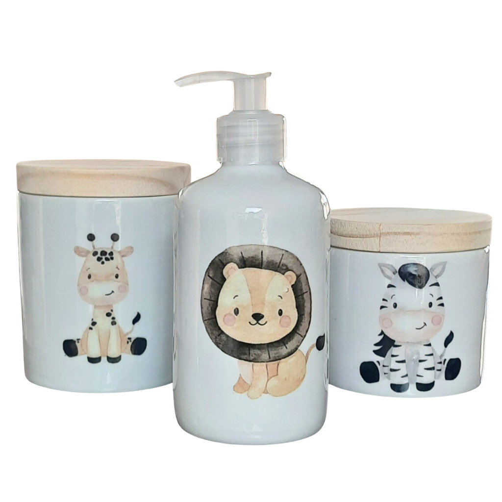 Kit higiene bebê Safari 3 peças - potes e porta álcool - Peças Porcelana Tampa Pinus em Oferta na Shopee