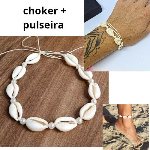 Kit Conjunto Colar choker e Pulseira Tornozeleira conchas buzios do mar natural ajustável moda praia verão praiano