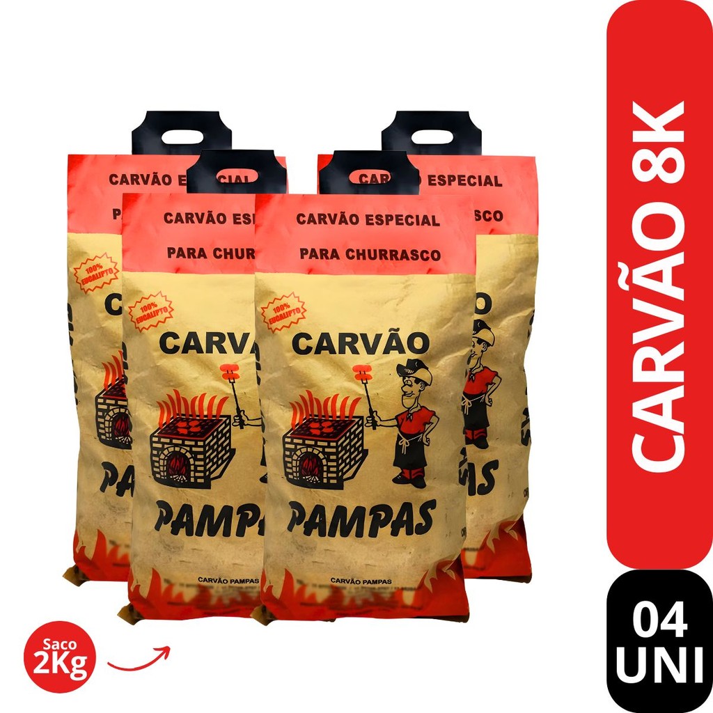 Carvão Vegetal 8kg Para Churrasco Ecológico Eucalipto 4 Sacos de 2kg
