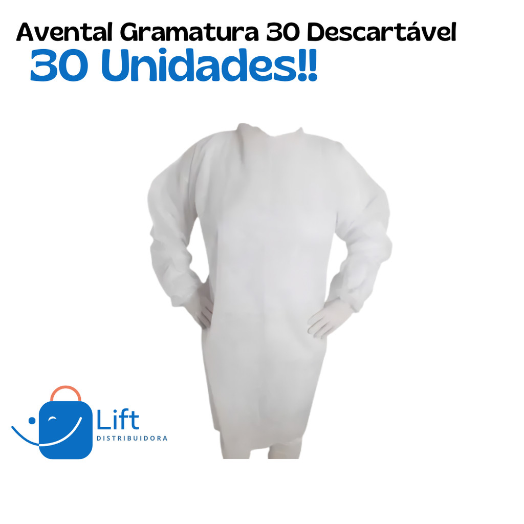 Kit 30 Avental Descartável Gramatura 30 TNT Manga Longa Jaleco Branco Cirurgico G30 Capote