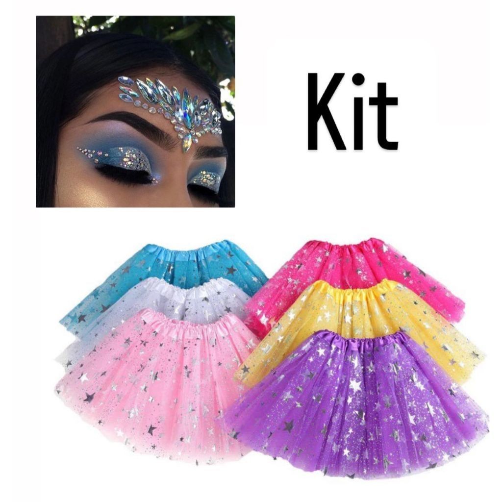 kit Saia De Tule Estrela Tutu Adulto Colorida Festa Carnaval 40 Cm-ENVIO IMEDIATO
