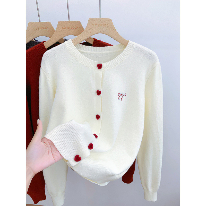 Cardigan de malha de manga comprida feminino novo estilo bordado mais magro olhar botão el...