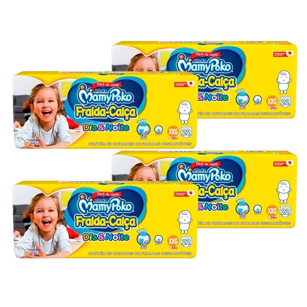 Fralda Descartável MamyPoko Calça Dia & Noite Jumbo Tamanho XXG - 4 Pacotes com 22 Fraldas - Total 88 Tiras em Oferta na Shopee