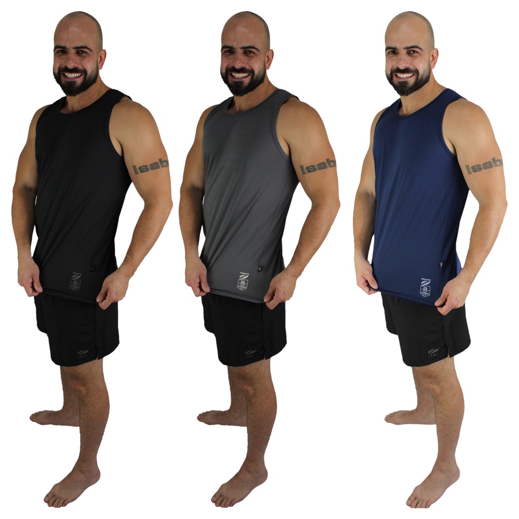 Kit 3 Camisetas Regatas Dry-Fit Elastano Masculina Academia Treino Praia Piscina Corrida Caminhada
