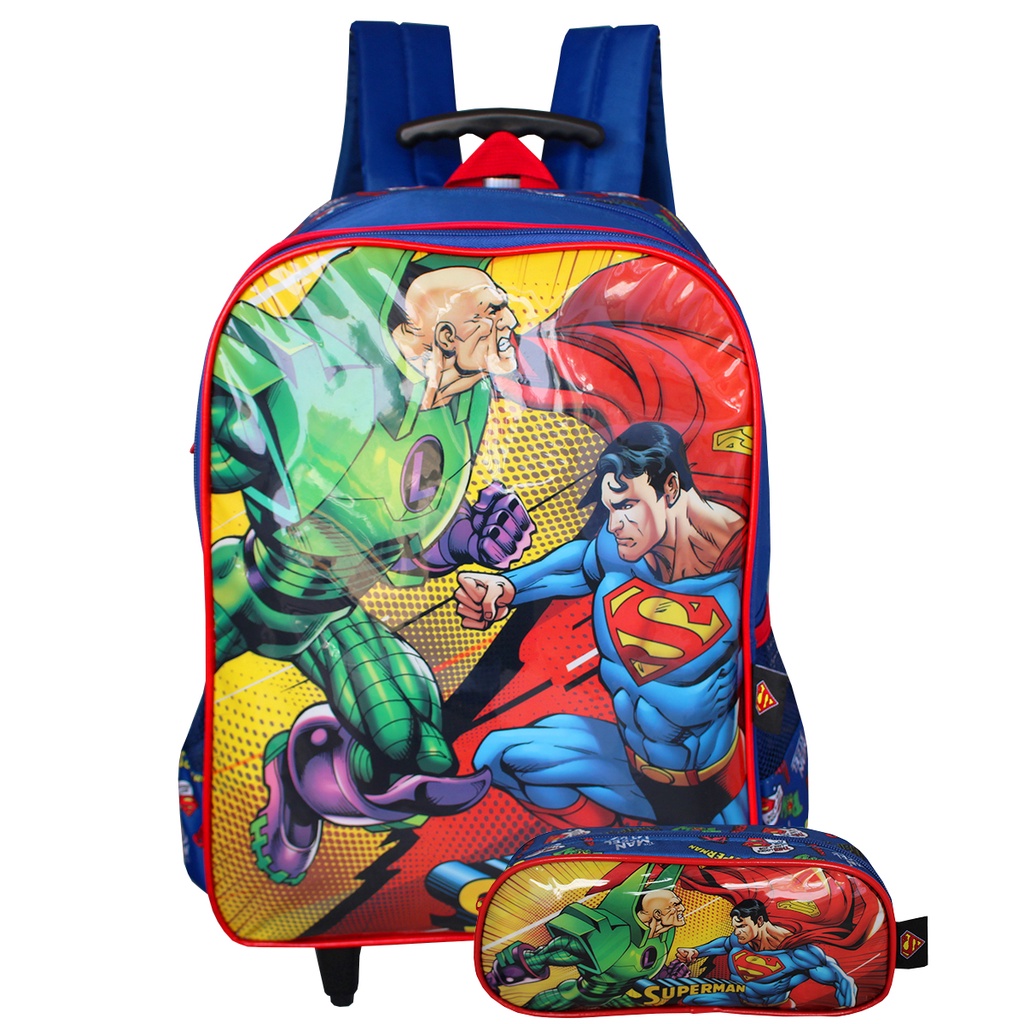 Mochila Escolar Infantil Com Rodinhas Do Super Man  + Estojo Superman Vs Lex Luthor 2 Bolsos