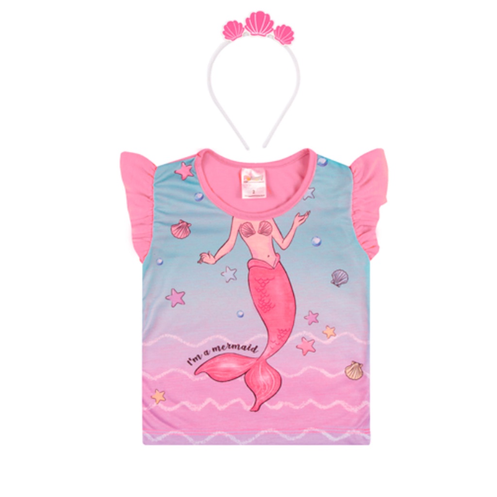 Blusinha Feminina Infantil Sereia com Tiara Fantaisa Menina