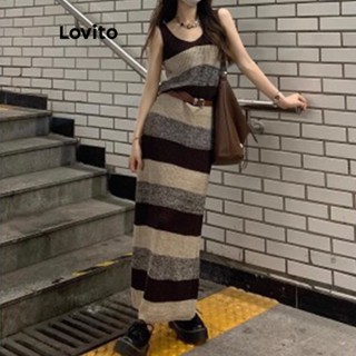 Lovito Vestido Suéter Listrado Vintage Colorblock Para Mulheres LNA35076 (Café)